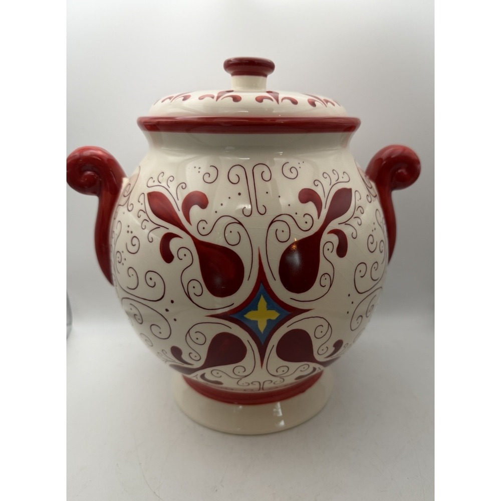 Vintage Nonni's Hand Painted Ceramic Lidded Ginger Jar Canister Tuscan 10"